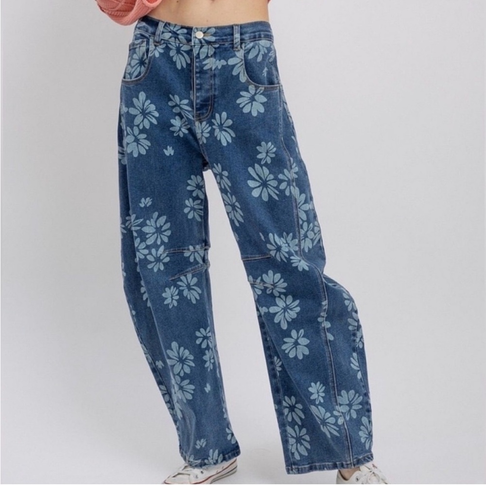Blue Velvet Floral Barrel Jeans | XL | Statement Denim